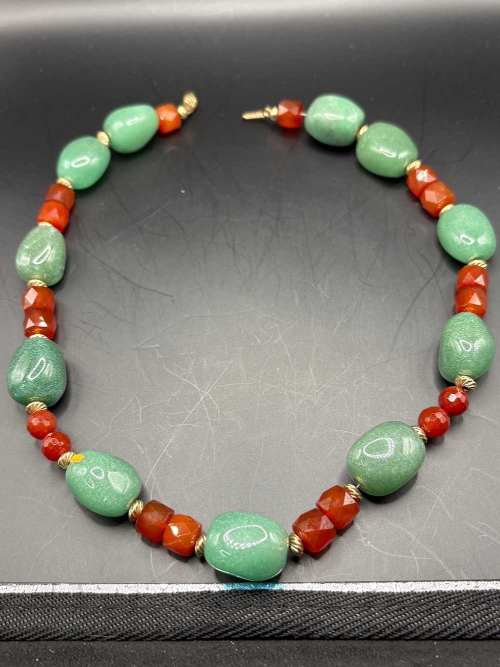 Green and Red Beaded Women’s Necklace with Gold Accents
